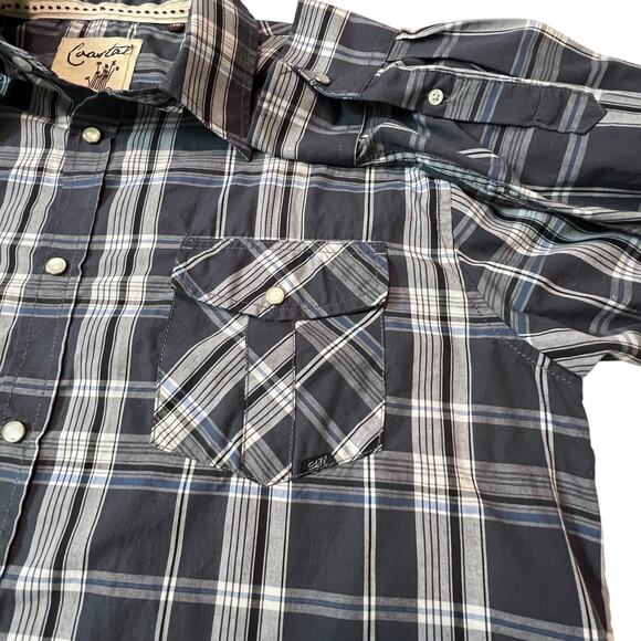 Coastal XXL Western Pearl Snap Plaid Shirt Blue Gray Long Sleeve Cotton Blend - Picture 8 of 10